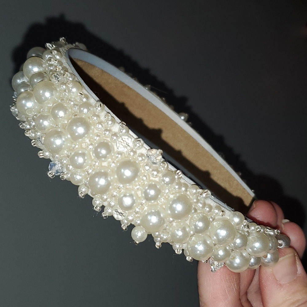 New handmade boutique crystal pearl detail fancy flexible wide headband prom - Picture 2 of 8
